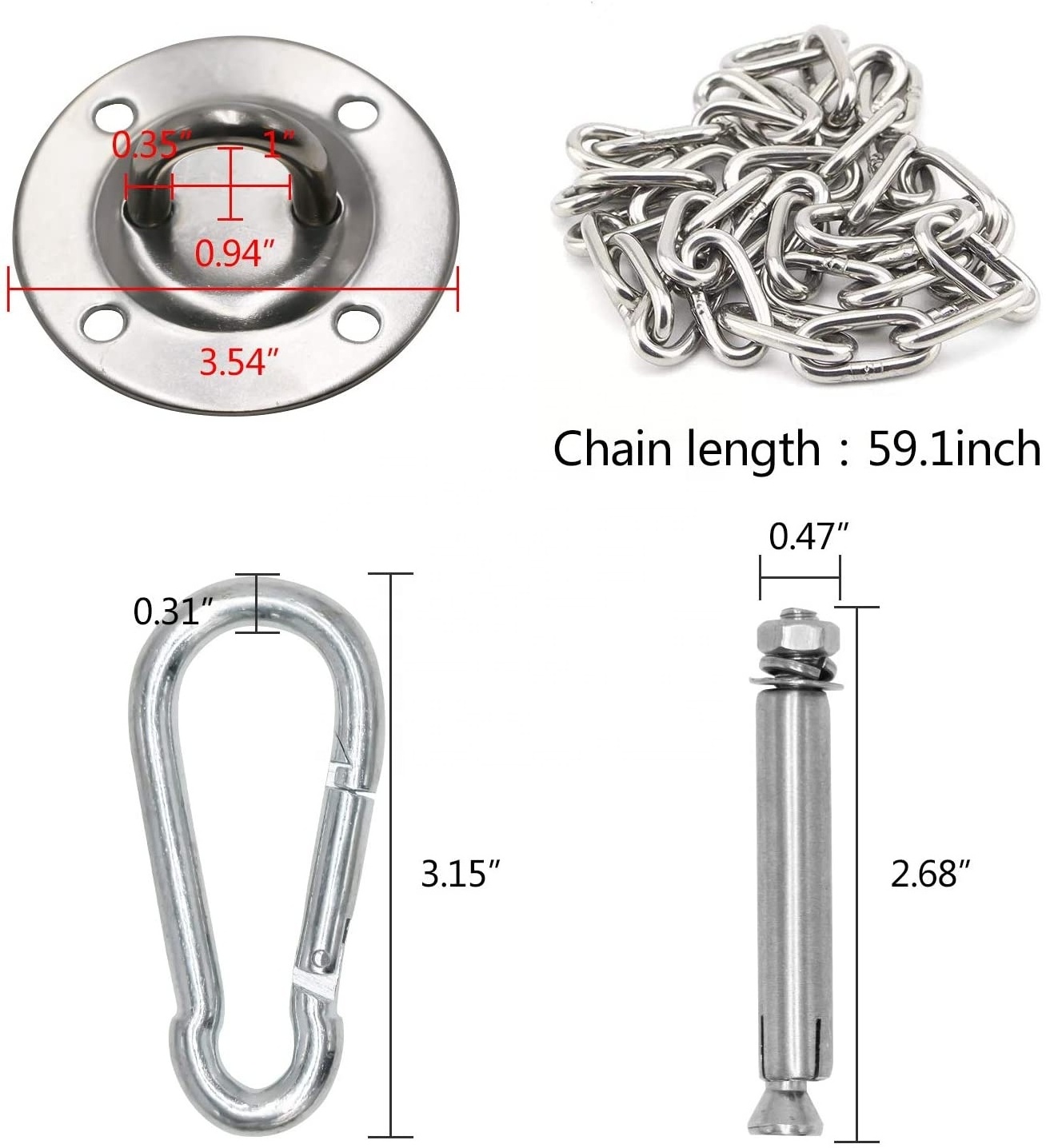 Hammock Chair Hardware Swing Hook Outdoor Furniture Air Modern Hanging Swing with Stainless Steel Chain Silver for Bedroom 1.2kg