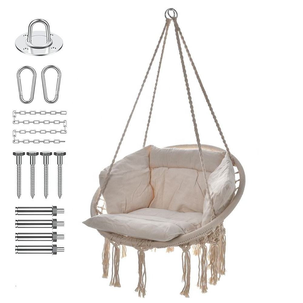 Garden Handmade Cotton Hanging Macrame Swing Chair Hammock Chair with Cushion (No stand)