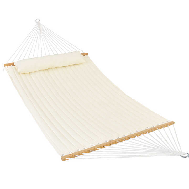 Hammock with Double Size Solid Wood Spreader Bar Outdoor Patio Yard Poolside Hammock with Pillow