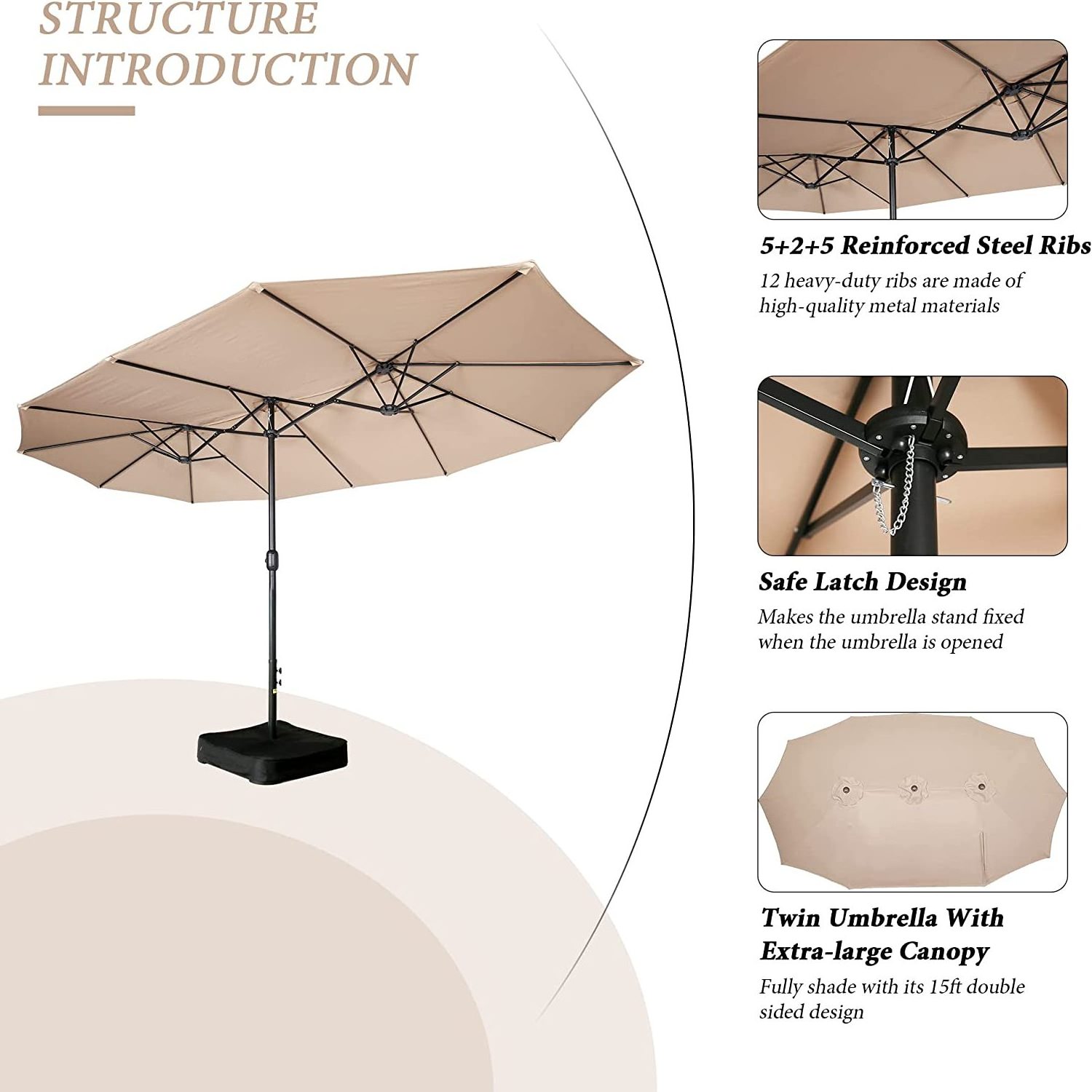 15 Ft Large Double-Sided Outdoor Patio Market Poolside Beach Umbrella Parasol with Crank