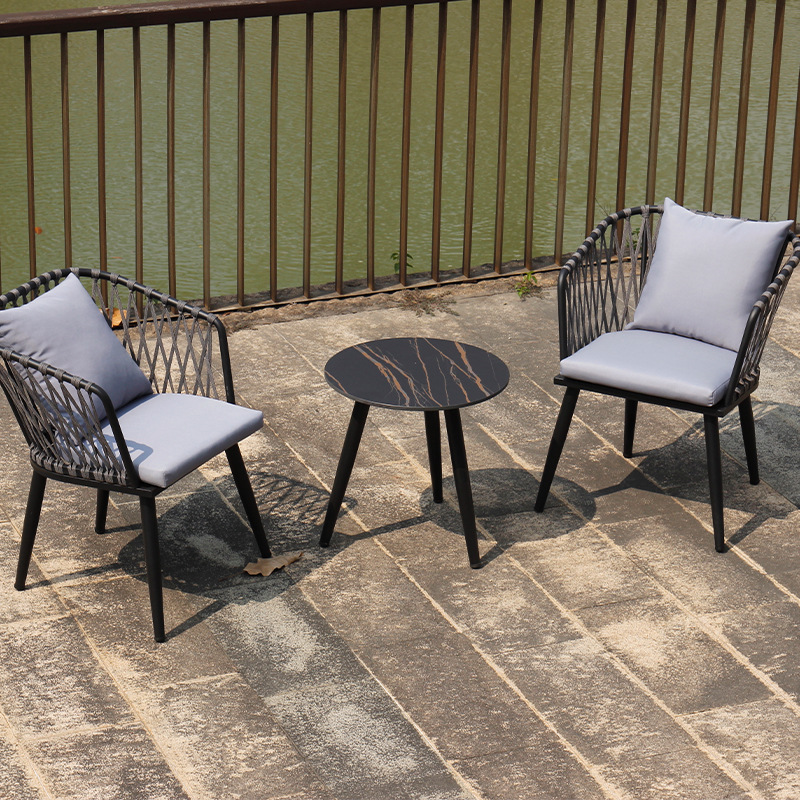 3 Pieces Garden Rattan Conversation Set Outdoor Wicker Bistro Set with Coffee Table Patio Chairs and Table