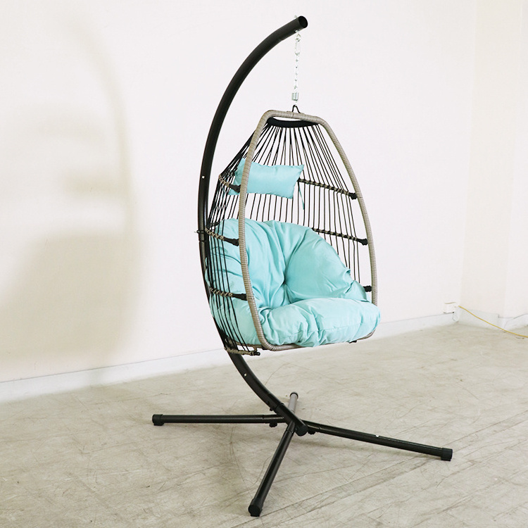 Patio Foldable Wicker Swing Hanging Egg Chair with Cushion and Stand for Outdoor Indoor