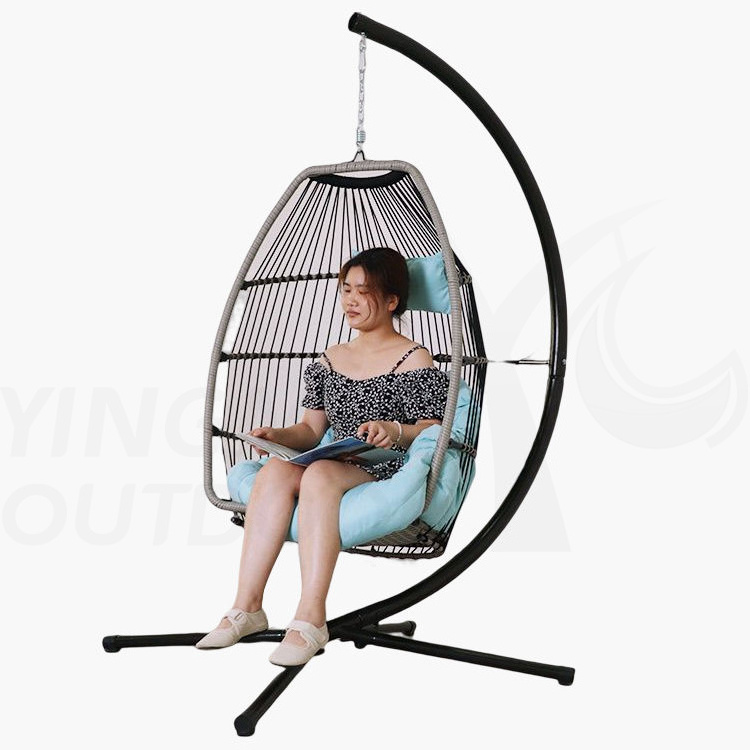 Patio Foldable Wicker Swing Hanging Egg Chair with Cushion and Stand for Outdoor Indoor