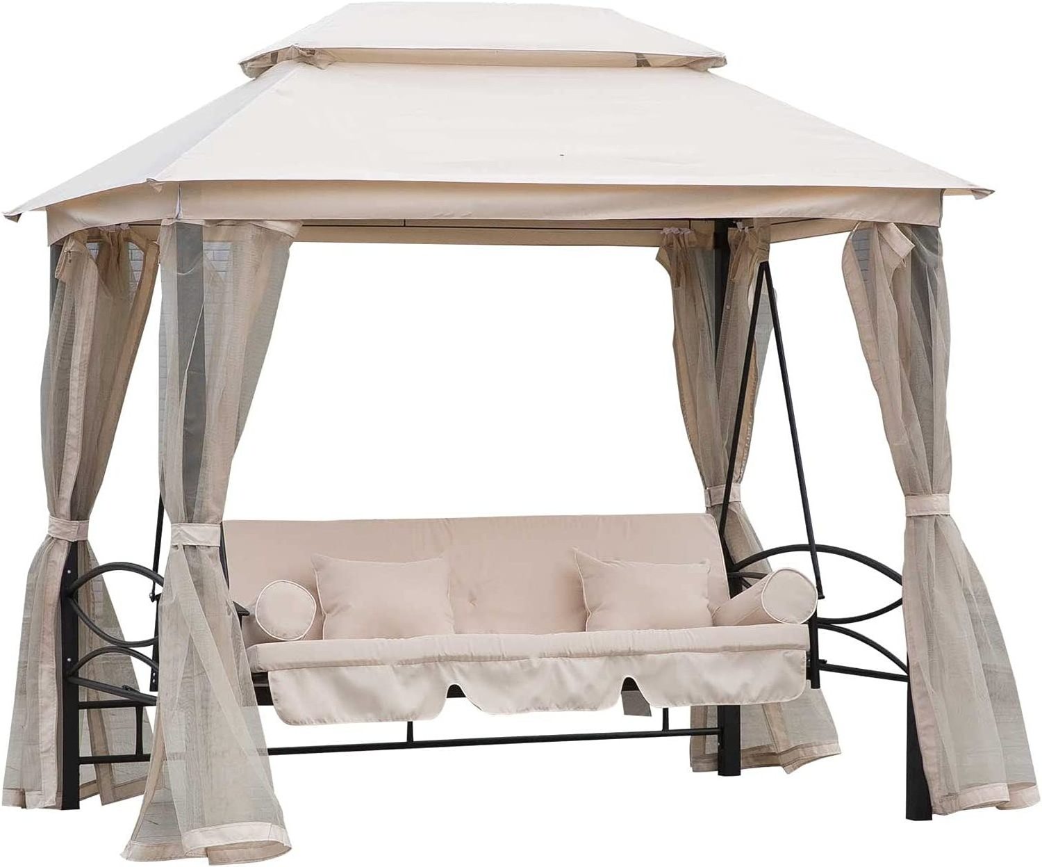 3 Seater Swing Chair Convertible Garden Swing Seat Bed Gazebo Swing Patio Bench Outdoor with Double Tier Canopy