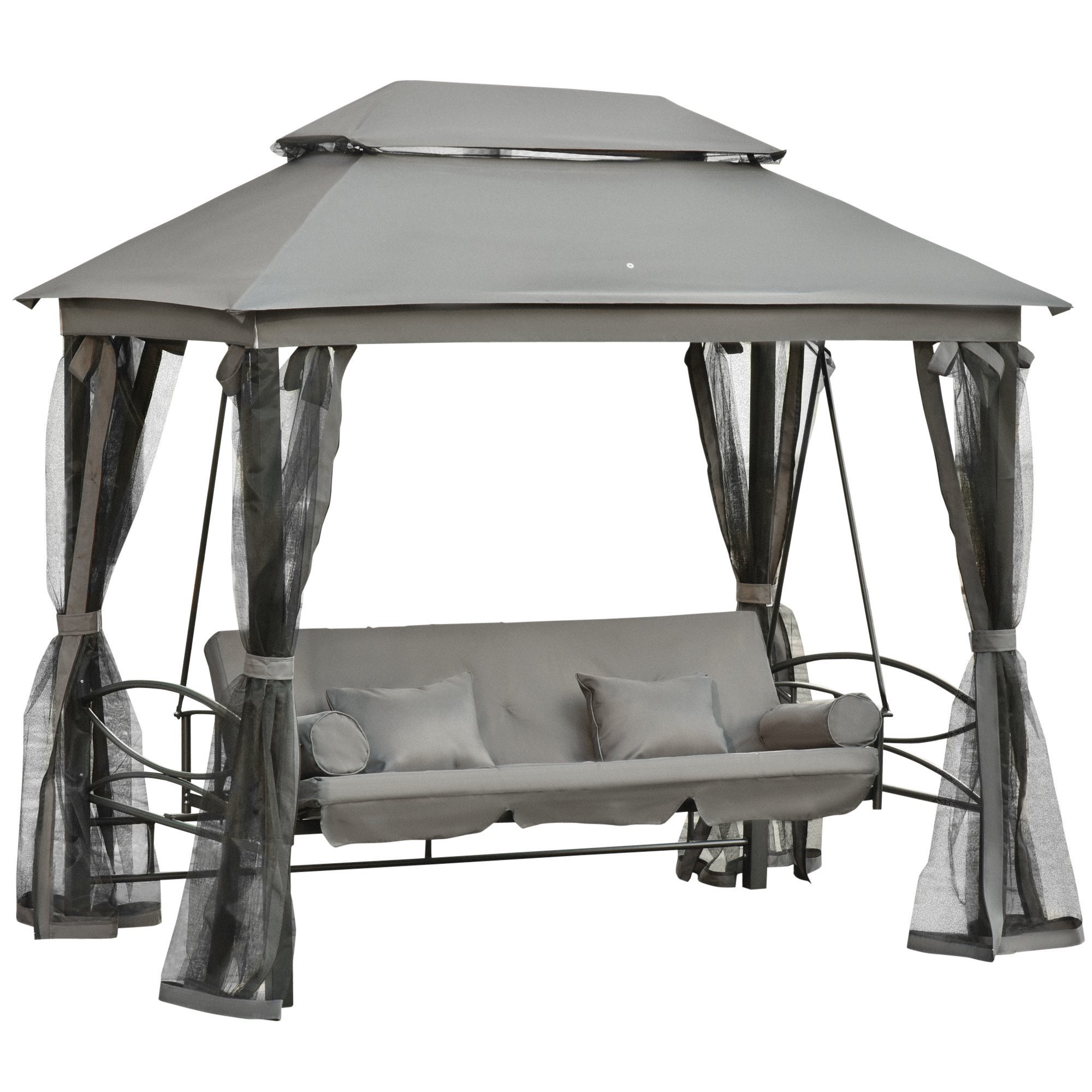 3 Person Canopy Porch Swing with Curtain Outdoor Luxury Swing Bed Garden Hanging Swing Chairs