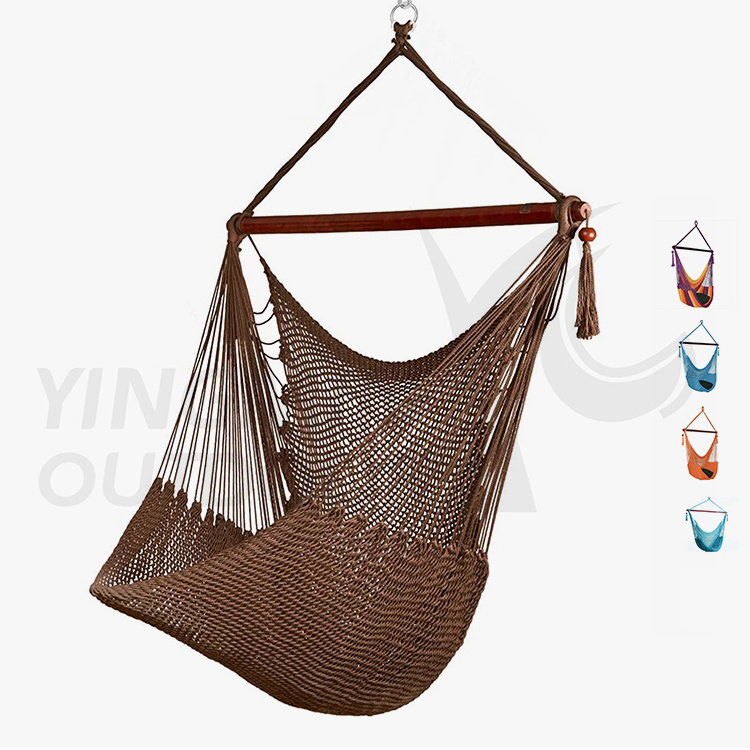 Outdoor Comfortable Durable Swing Chair Hammock Chair Large Cotton Rope Hanging Chair Swing with Wood Bar