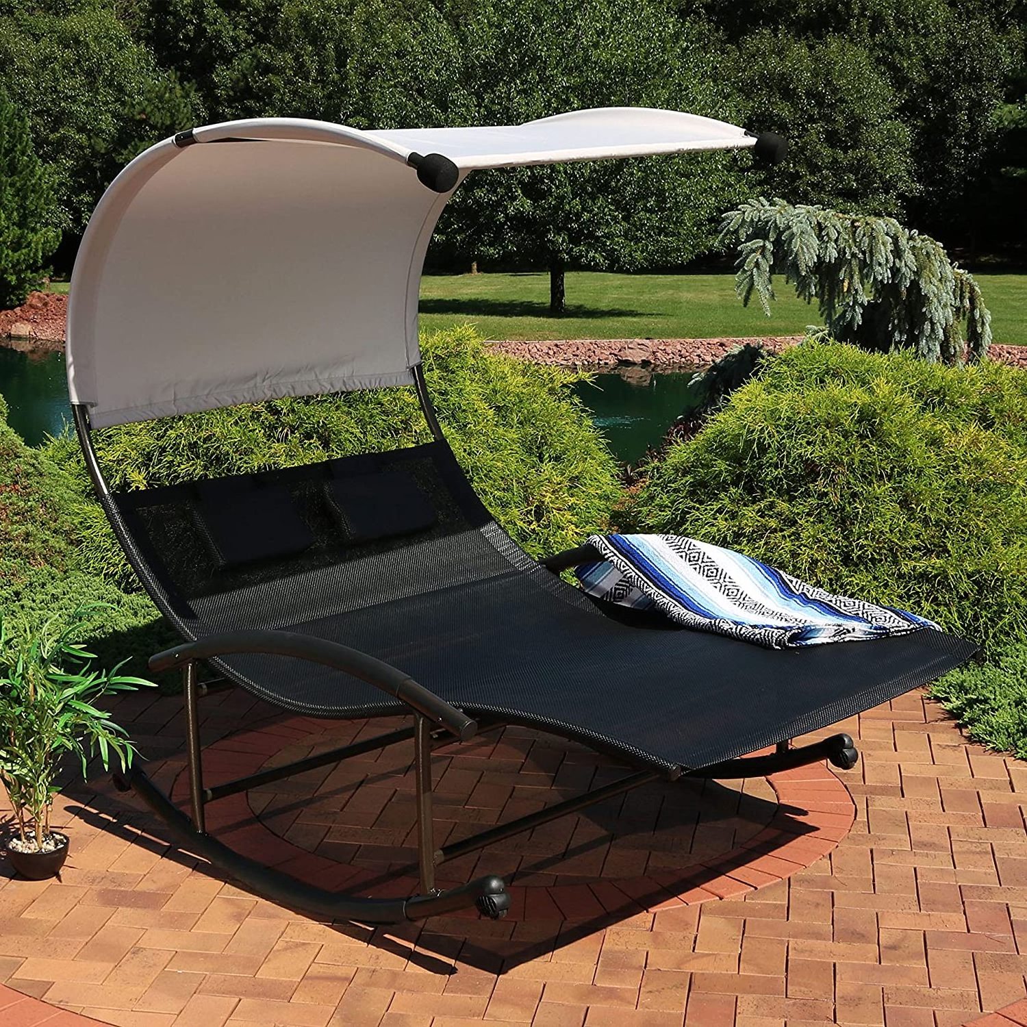 Portable Patio Sun Lounger Outdoor Double Chaise Rocking Lounge Chair with Canopy