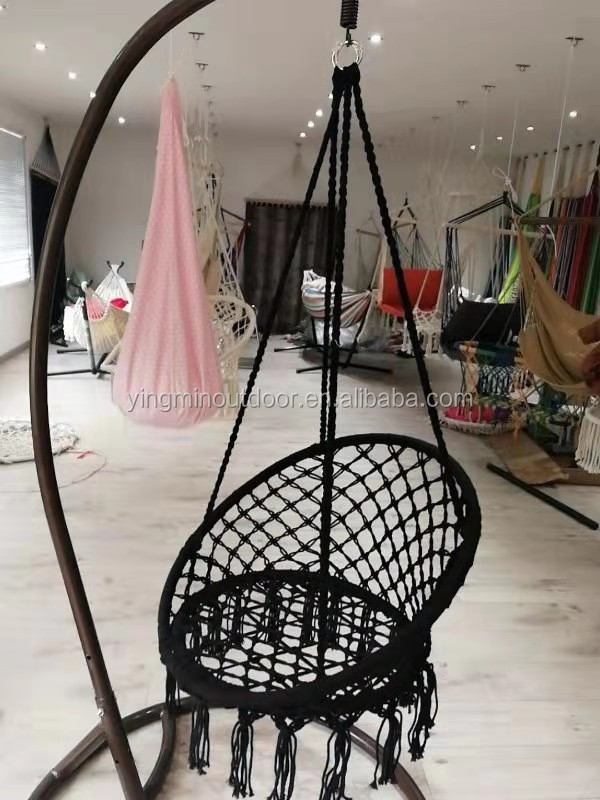 Hanging Hammock Chair, Macrame Swing Chair with Tassels and Heavy-Duty Hanging Rings, Bohemian Style Handmade Cotton Rope Swing