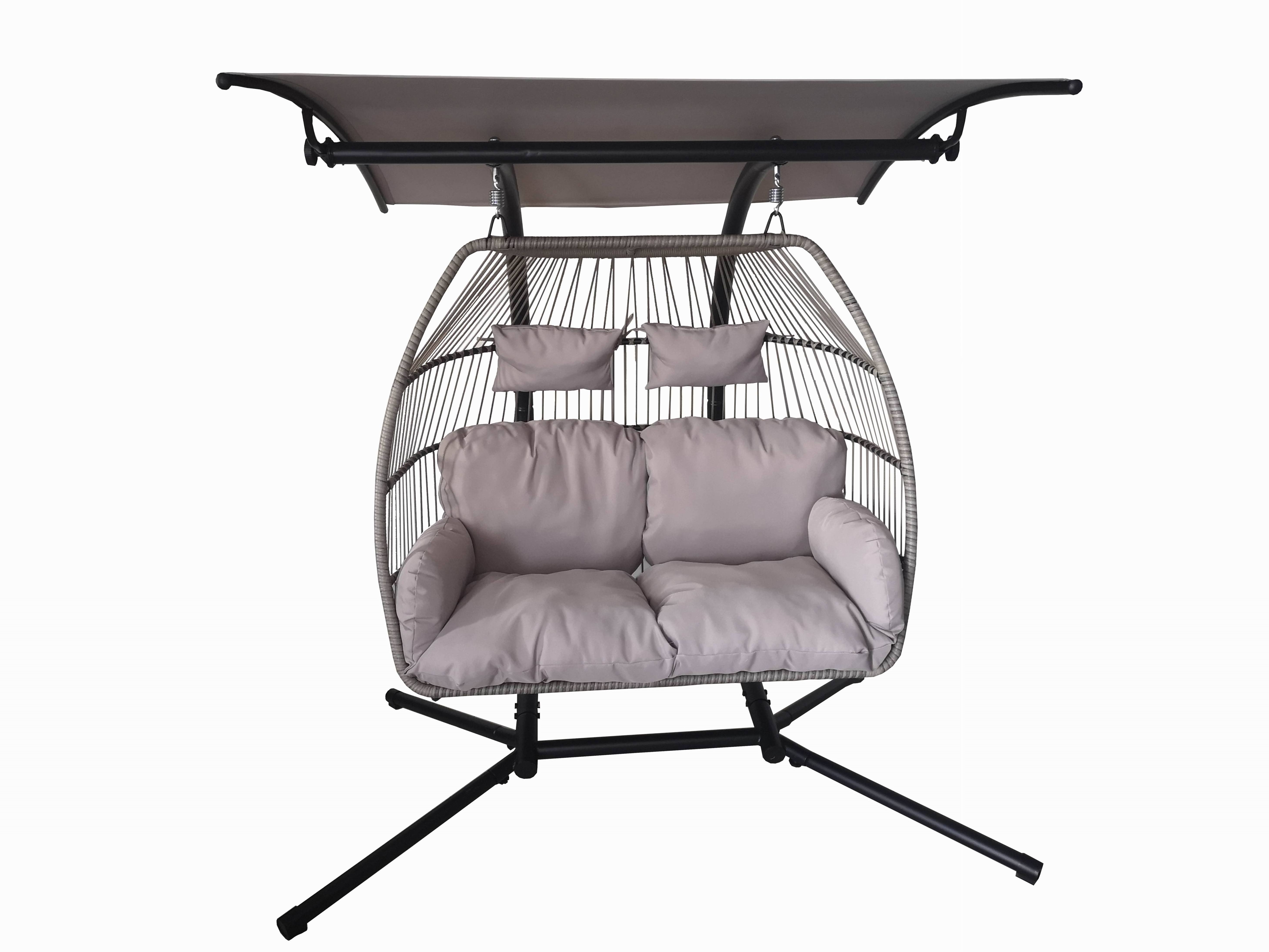 KD Foldable Flat Swing Egg Patio Double Swing Chair Hanging Double Seat Swing Set Wicker Rattan PE Modern Grey Metal Frame