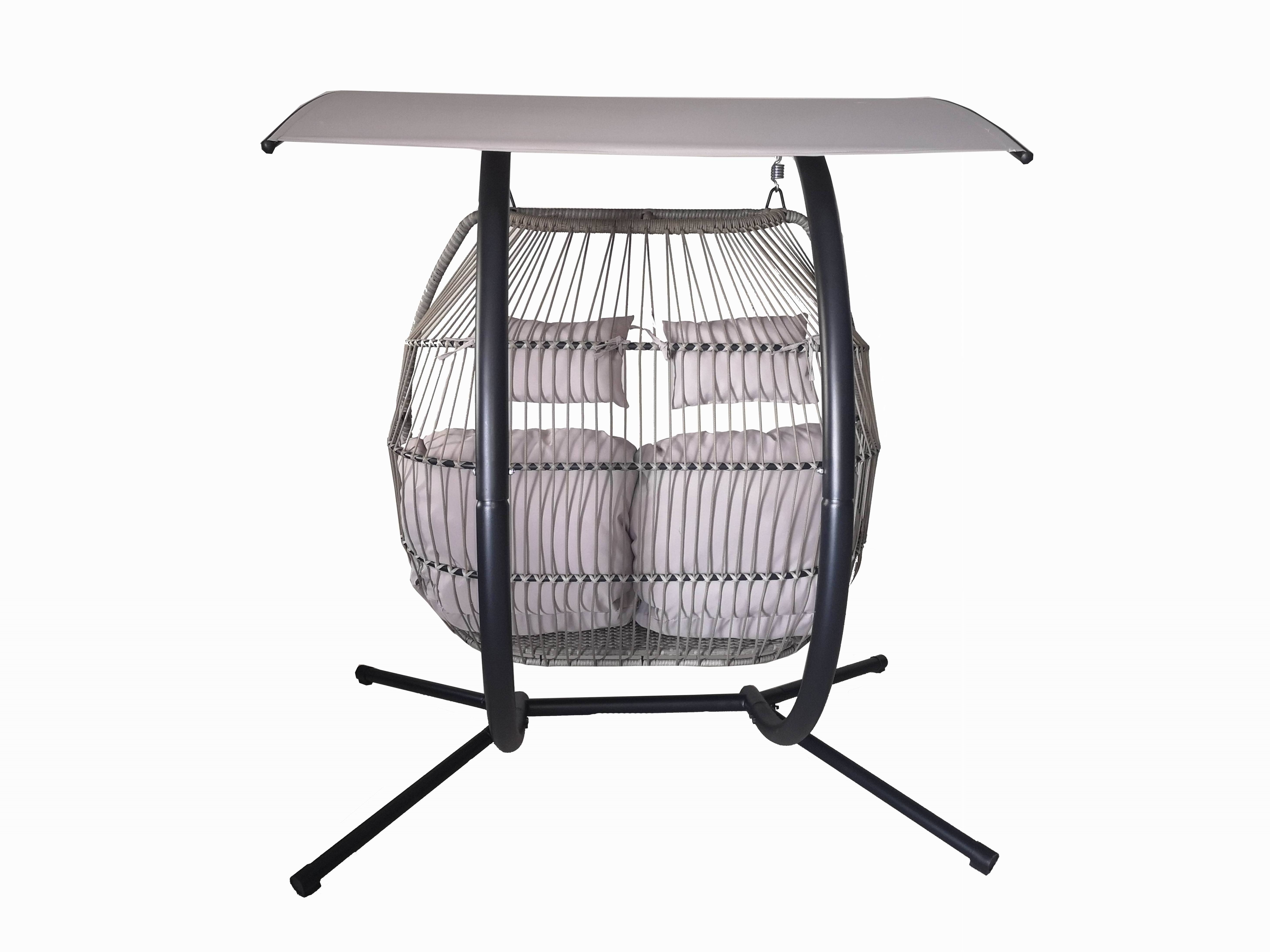 KD Foldable Flat Swing Egg Patio Double Swing Chair Hanging Double Seat Swing Set Wicker Rattan PE Modern Grey Metal Frame