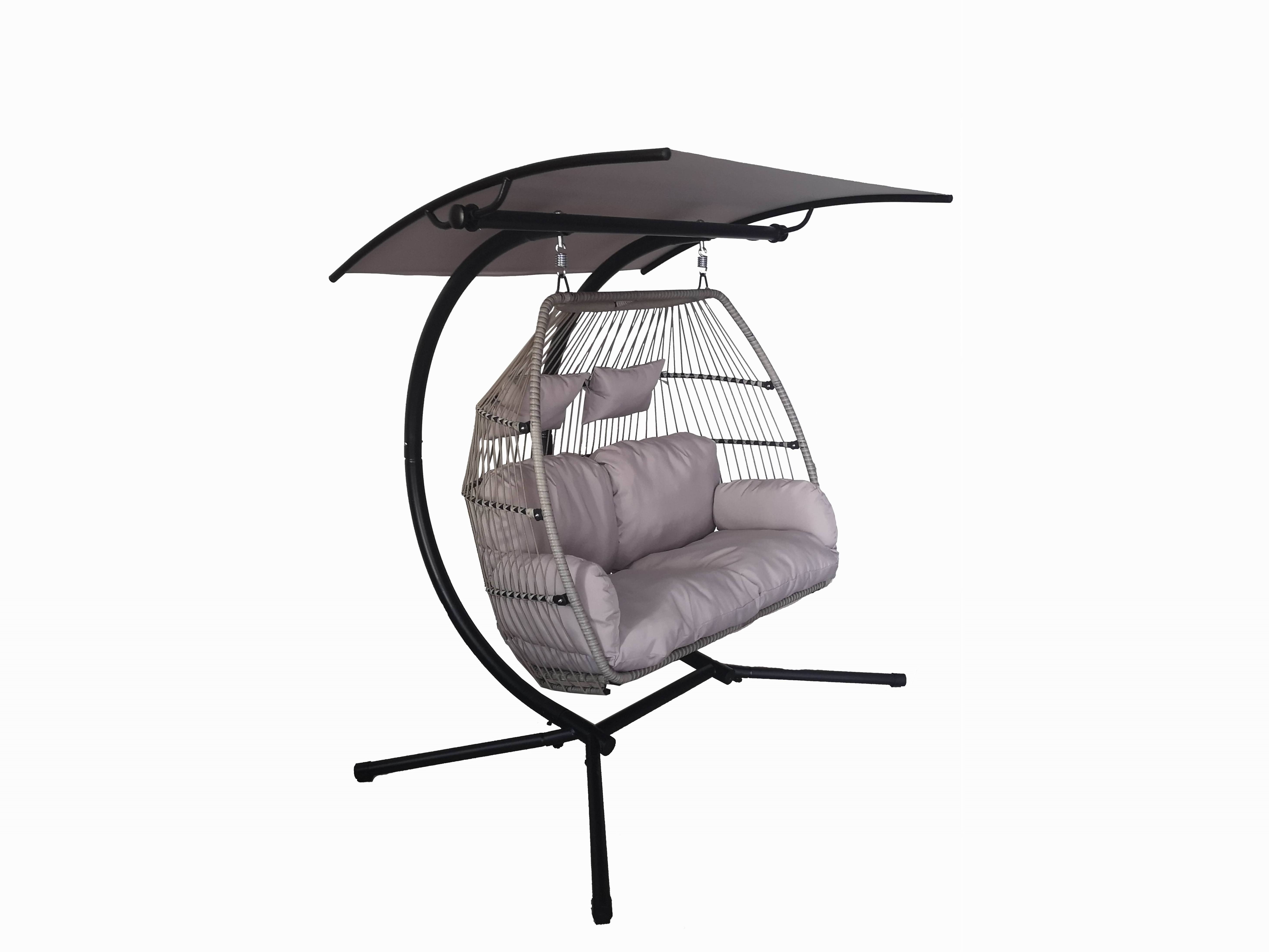 KD Foldable Flat Swing Egg Patio Double Swing Chair Hanging Double Seat Swing Set Wicker Rattan PE Modern Grey Metal Frame