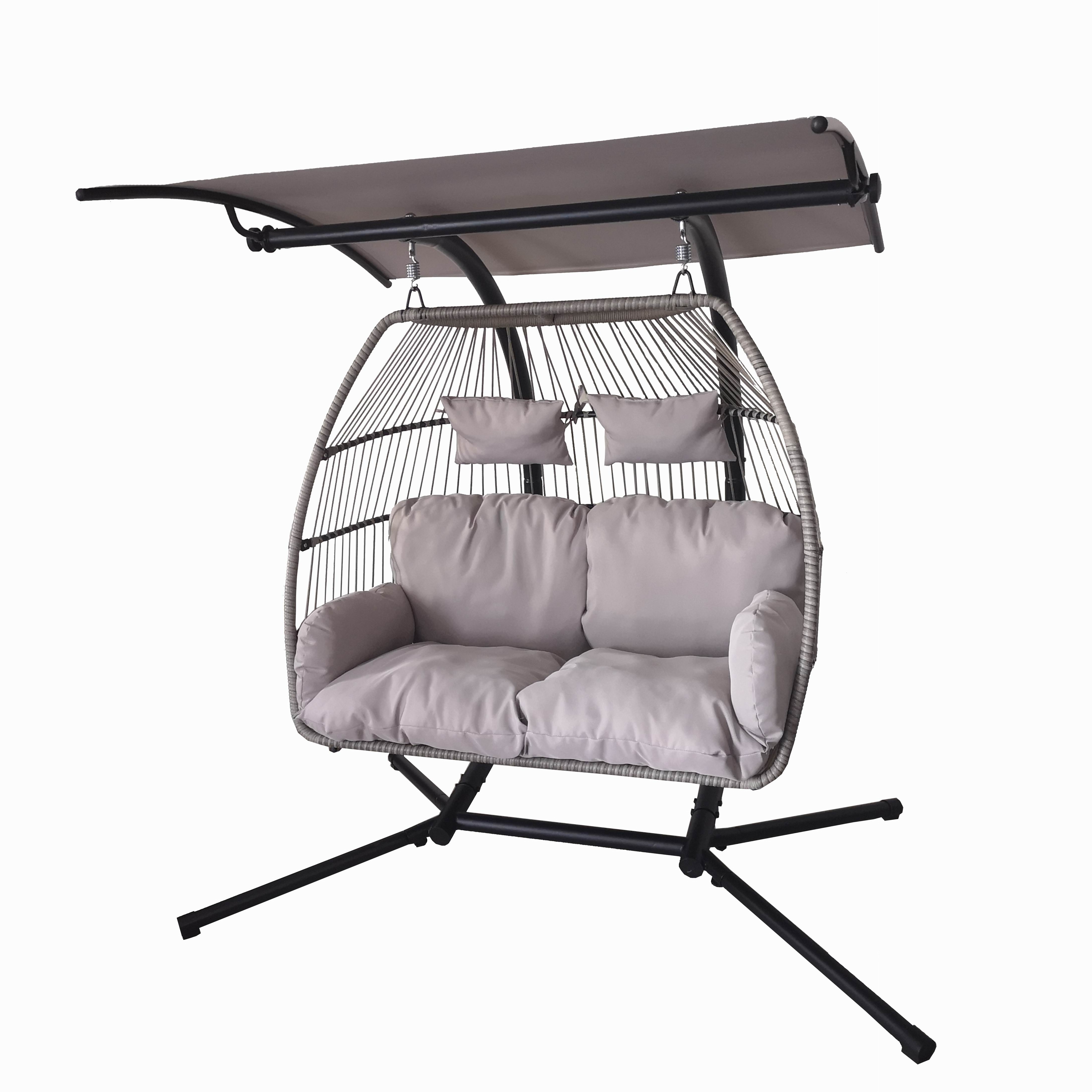 KD Foldable Flat Swing Egg Patio Double Swing Chair Hanging Double Seat Swing Set Wicker Rattan PE Modern Grey Metal Frame