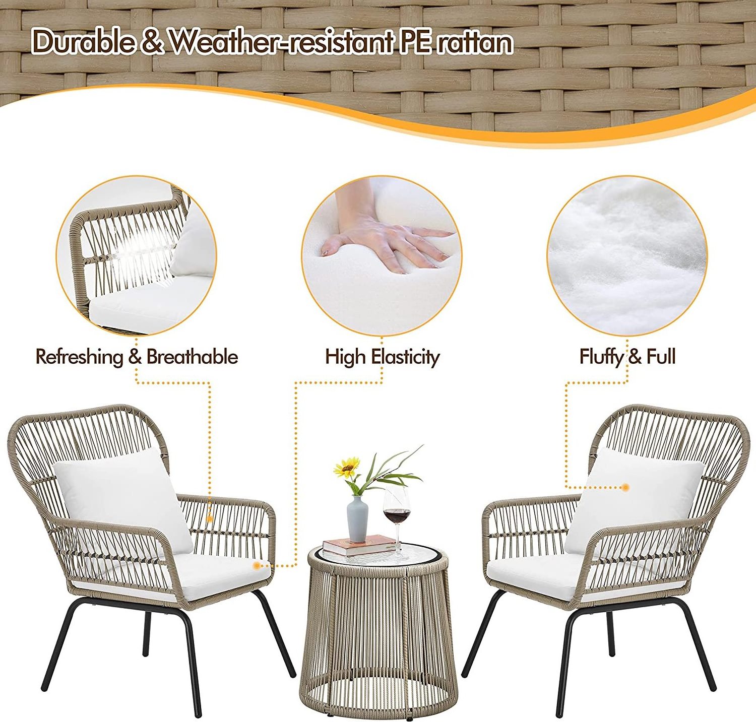 3 Piece Outdoor All-Weather Furniture Set Patio Rattan Furniture Set Garden Table and Chairs Set