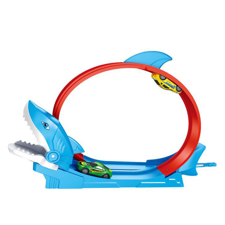 Ejection track racing toys Shark Track Car Launcher kids hot sale free wheel toy car race track toy