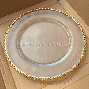 Cheap Wedding Crystal Clear Gold Beaded Glass Charger Plate