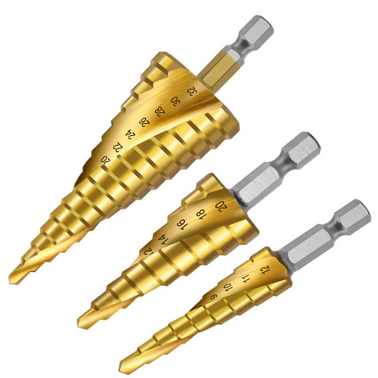 HSS Step Drill Bit Set 4-12mm/4-20mm/ 4-32mm Triangle Shank Hole Nitrogen High Speed Steel Spiral Hex Core Drill Bits