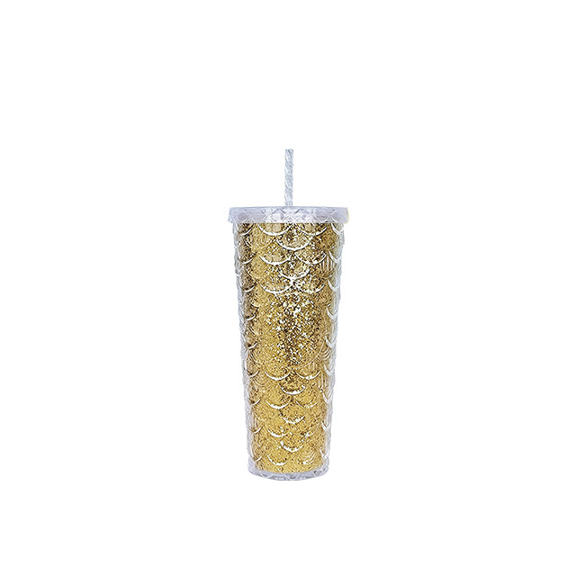 High Quality Eco-Friendly Plastic Double Wall  Fish Scale Glitter Design Coffee Mug