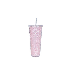 High Quality Eco-Friendly Plastic Double Wall  Fish Scale Glitter Design Coffee Mug