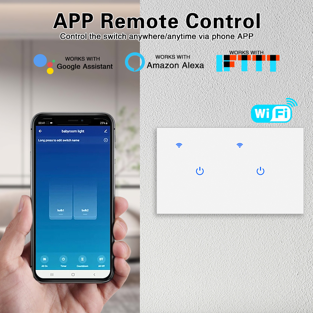 Tuya Eu Version Smart Wifi Wall Touch Switch 2 Gang Alexa Compatible Light Switches