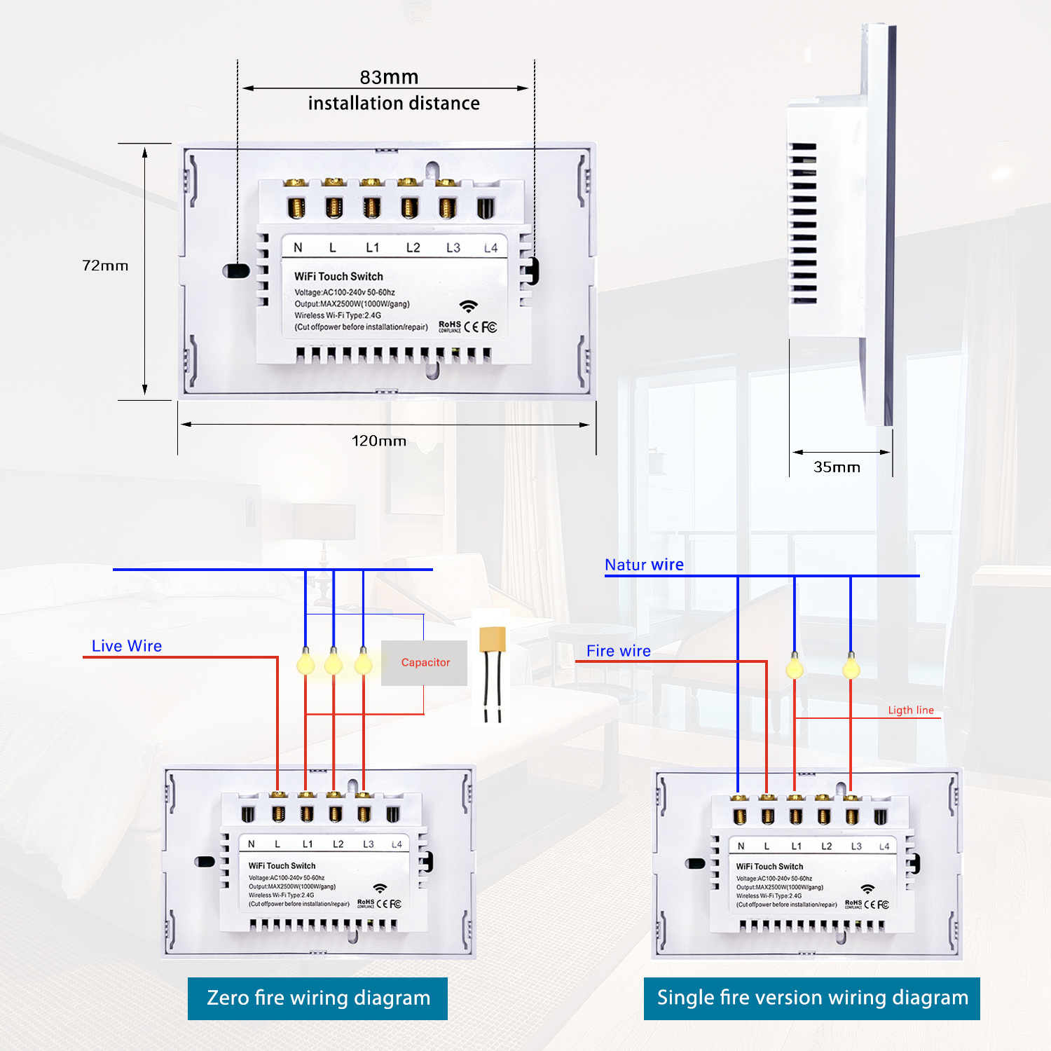 E-welink APP intelligent switch US standard intelligent touch switch supports Alexa WIFI wall switch