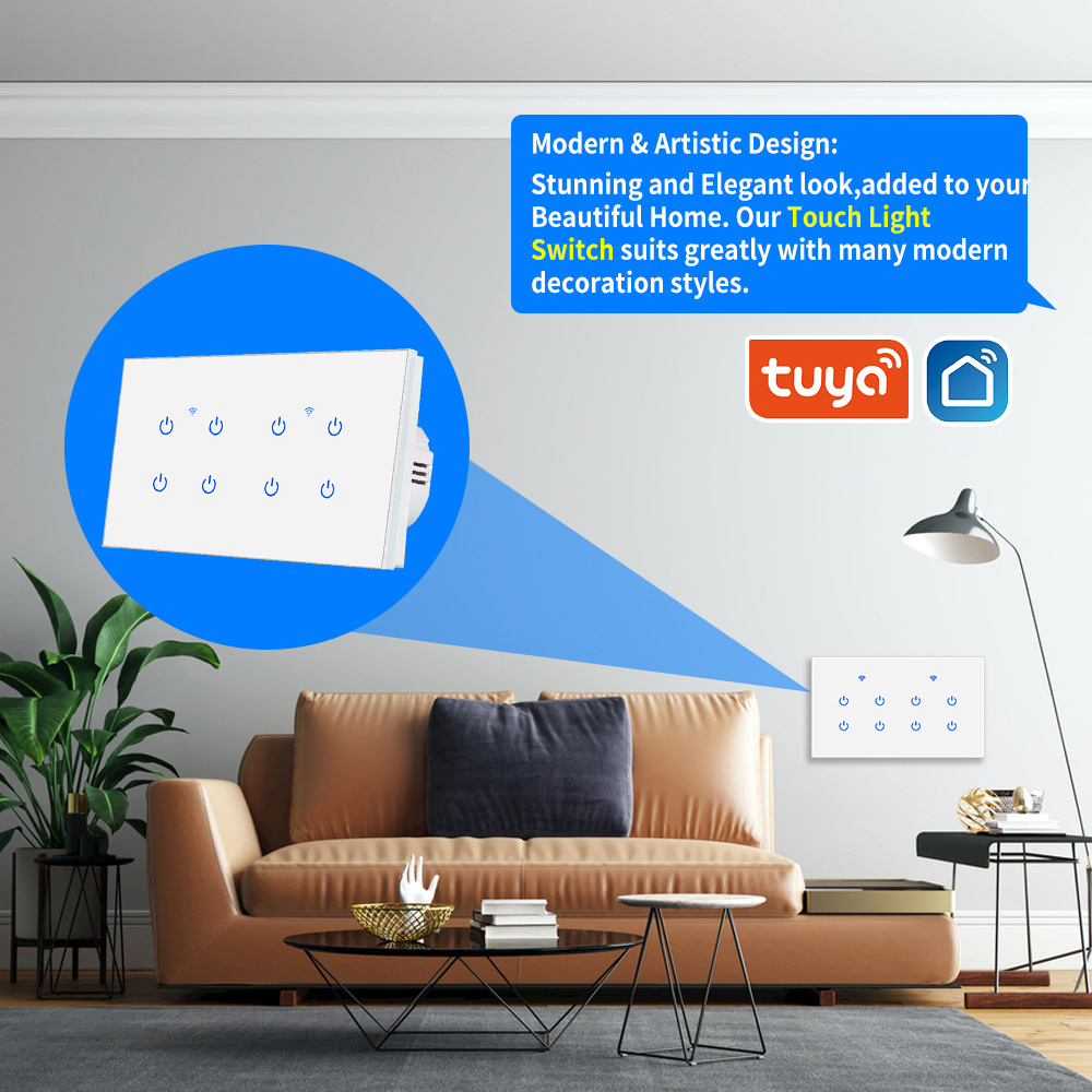 Tuya Eu Version Smart Wifi Wall Touch Switch 2 Gang Alexa Compatible Light Switches