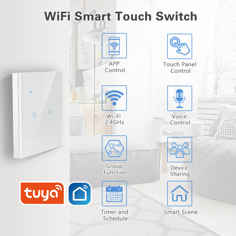 Tuya Wifi Wireless Smart Home Wall Wifi Touch Light Switch 1/2/3gang No Neutral For Us Brazil Korea South East Asia