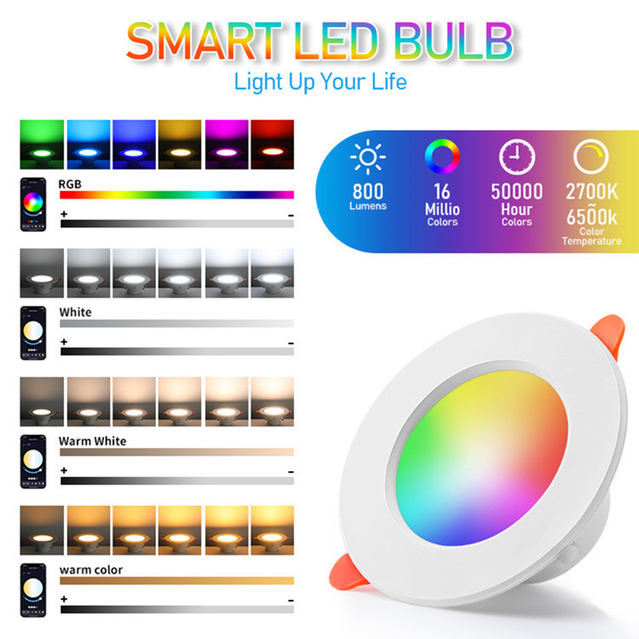 Colorful Spot LED Ceiling Lamp Recessed Round Light Smart Home Light 10W 15W RGB Dimmable Wifi Smart Downlight