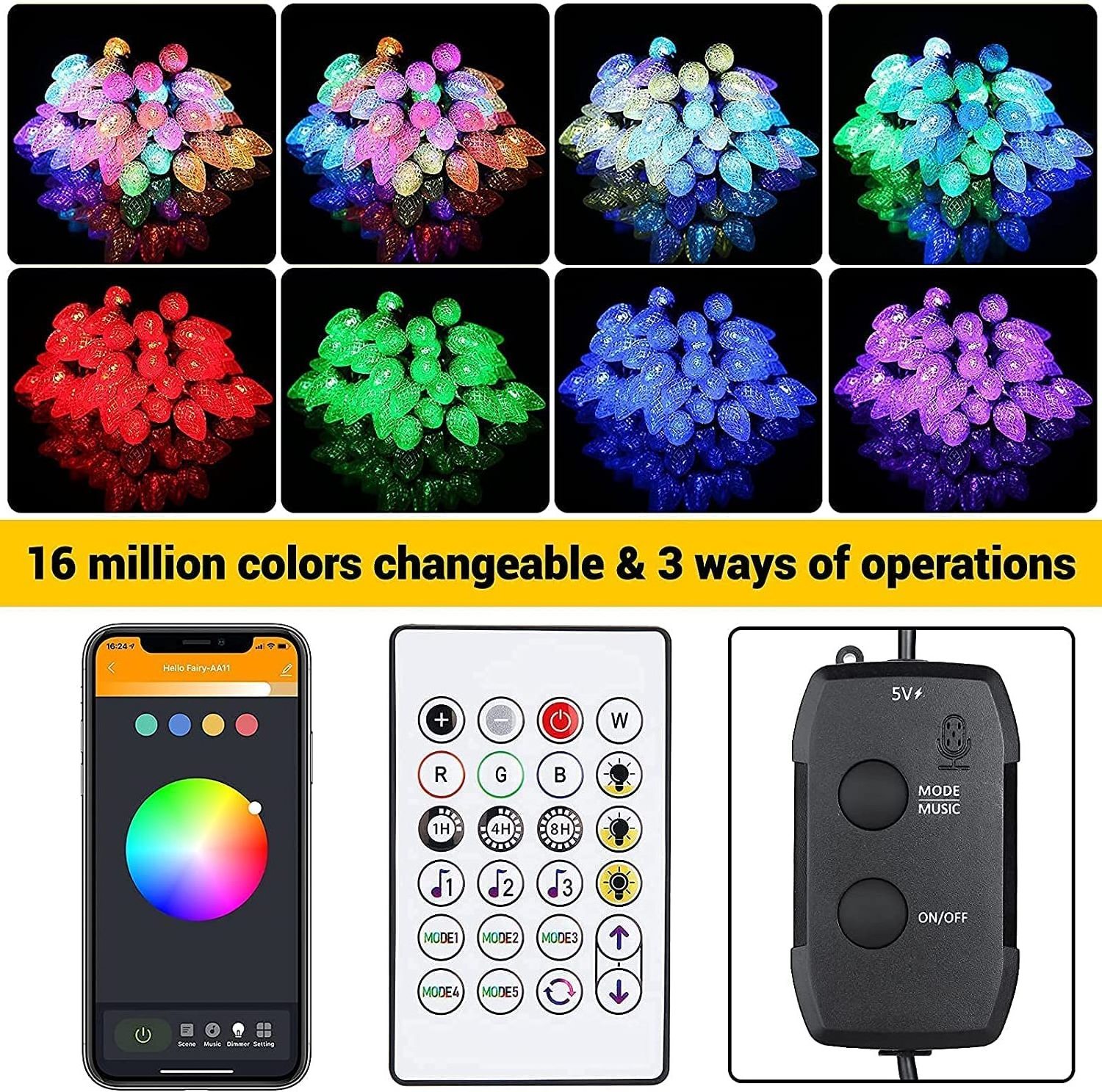 50 LED Smart C9 Christmas Lights with APP Remote Controlled Music Sync Color Changing RGB Christmas String Lights