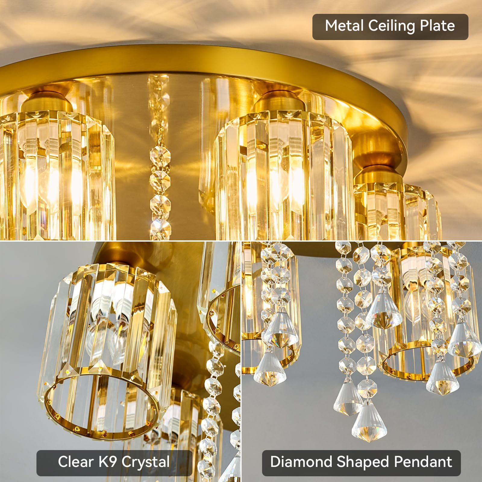 Vantone New Trend Modern Led Chandelier Light Gold Crystal Modern Light Fixture for Living Room Dining Flush Mount Ceiling Light