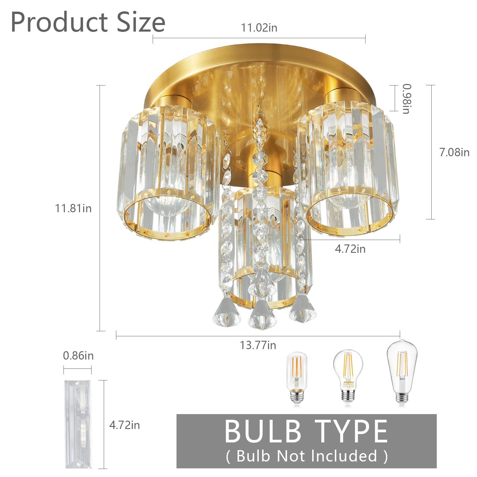 Semi Flush Mount Chandelier Ceiling Light Gold Crystal Modern Light Fixture bedroom Bathroom Foyer Flush Mount Ceiling Light