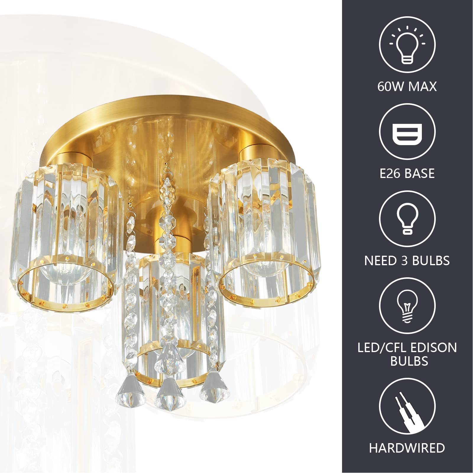 Semi Flush Mount Chandelier Ceiling Light Gold Crystal Modern Light Fixture bedroom Bathroom Foyer Flush Mount Ceiling Light