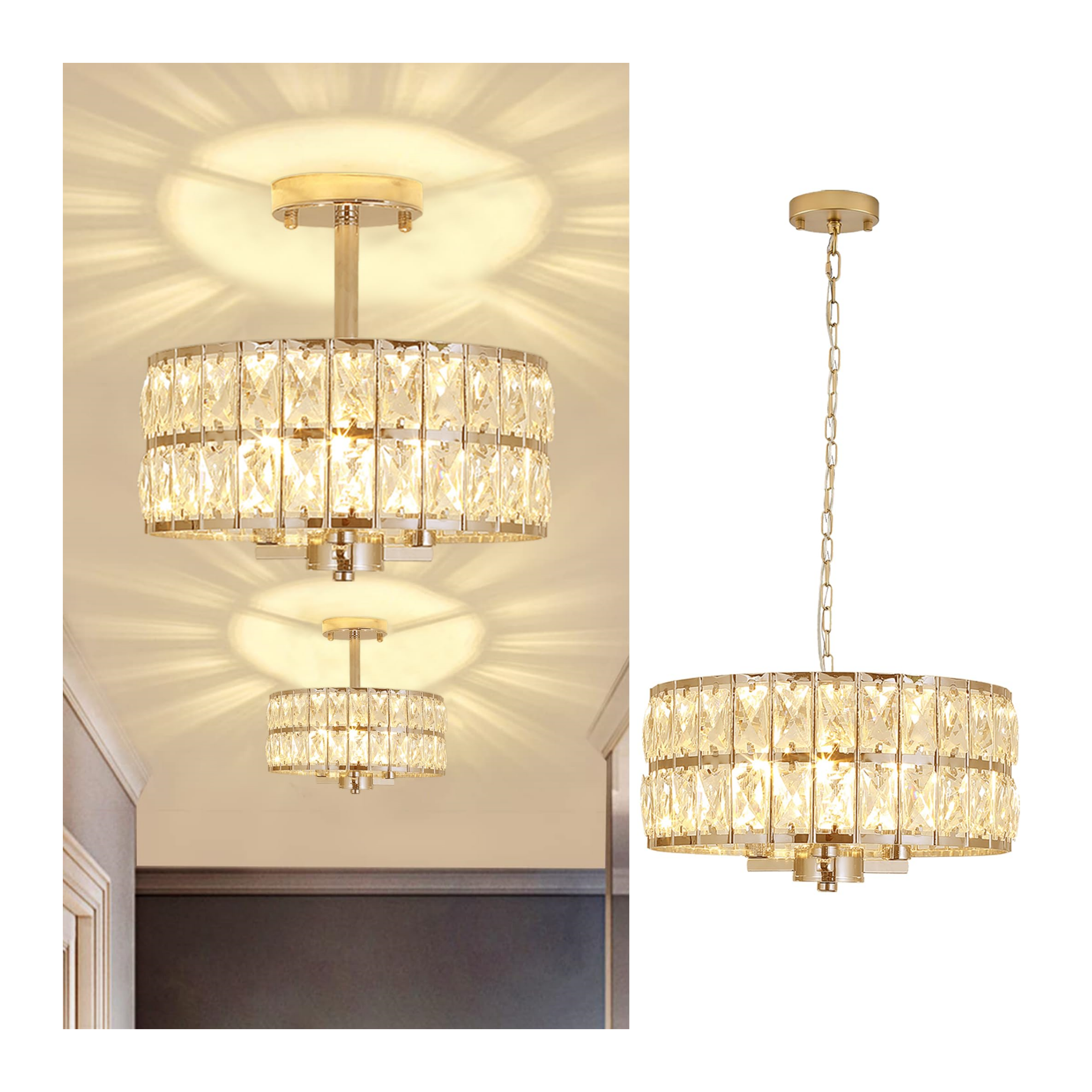 2024 American Style Gold Crystal Chandelier Semi Flush Mount Ceiling Light Fixture Lamps Home Decor Luxury Pendant Lights