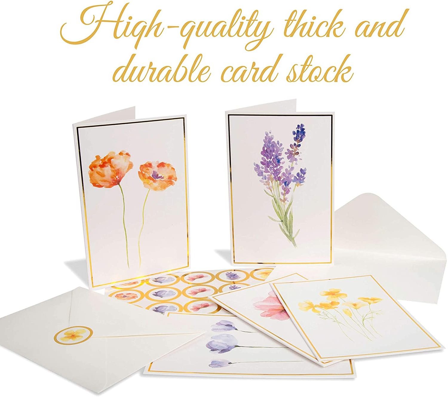 40 Artistic Watercolor Floral Blank Note Cards Custom Printed Greeting Cards Gold Foil All Occasion Cards with Matching Stickers