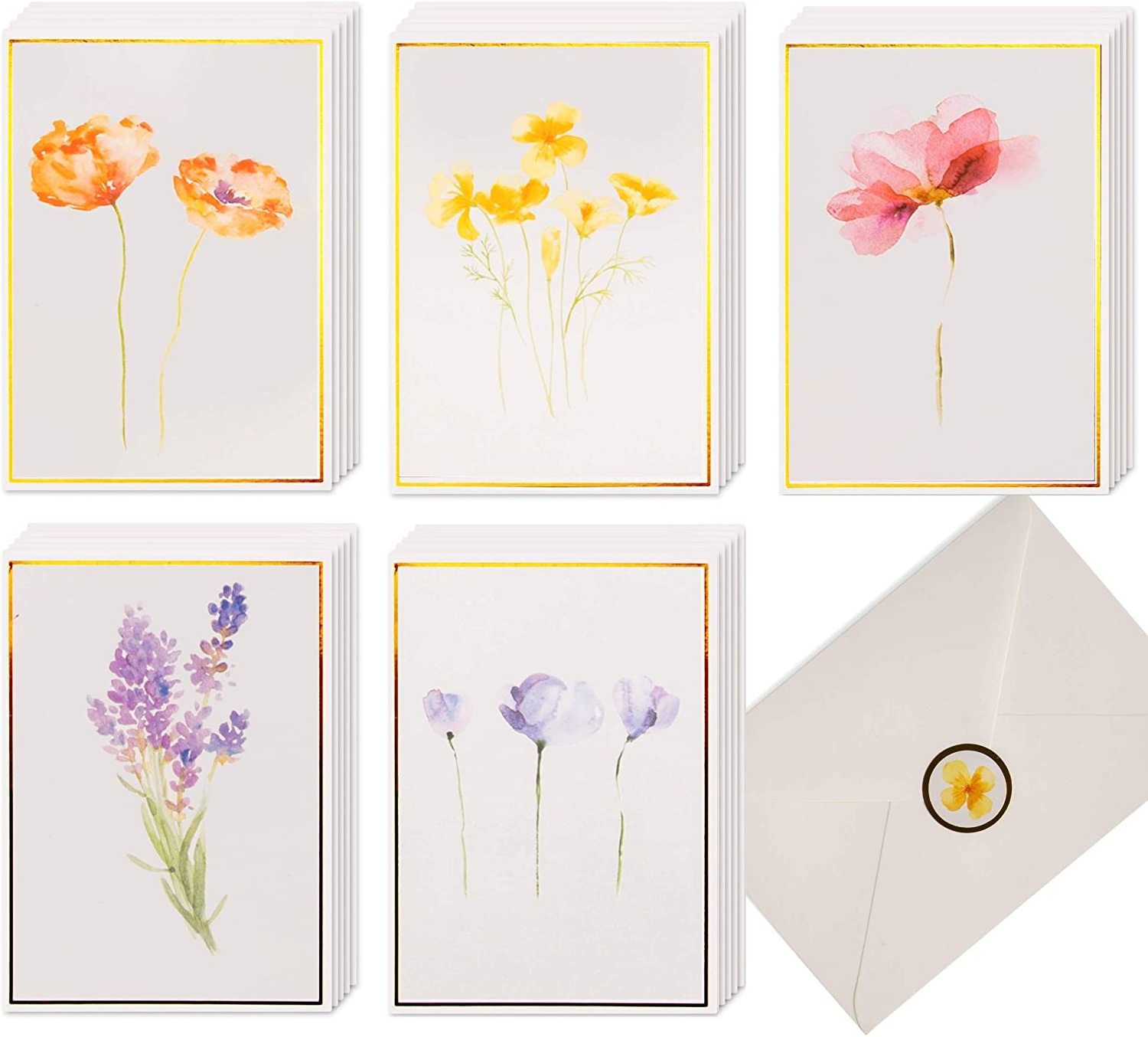 40 Artistic Watercolor Floral Blank Note Cards Custom Printed Greeting Cards Gold Foil All Occasion Cards with Matching Stickers