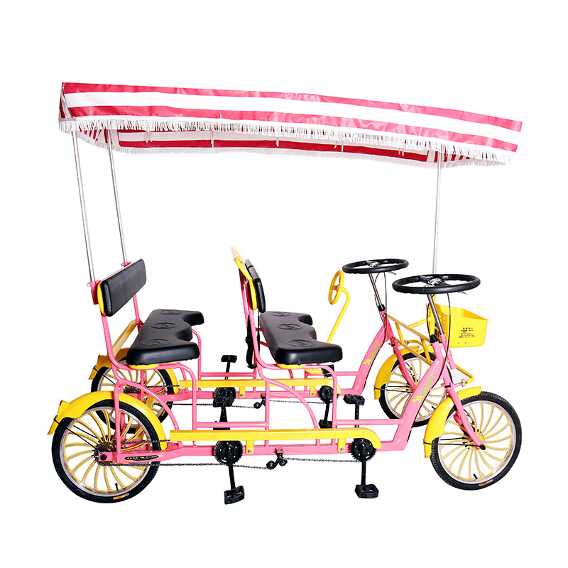 OEM 4 Person Surrey Luxury Pedal Tandem Bike 4 Wheels Seat Tourist Sightseeing Bicycle for Adults