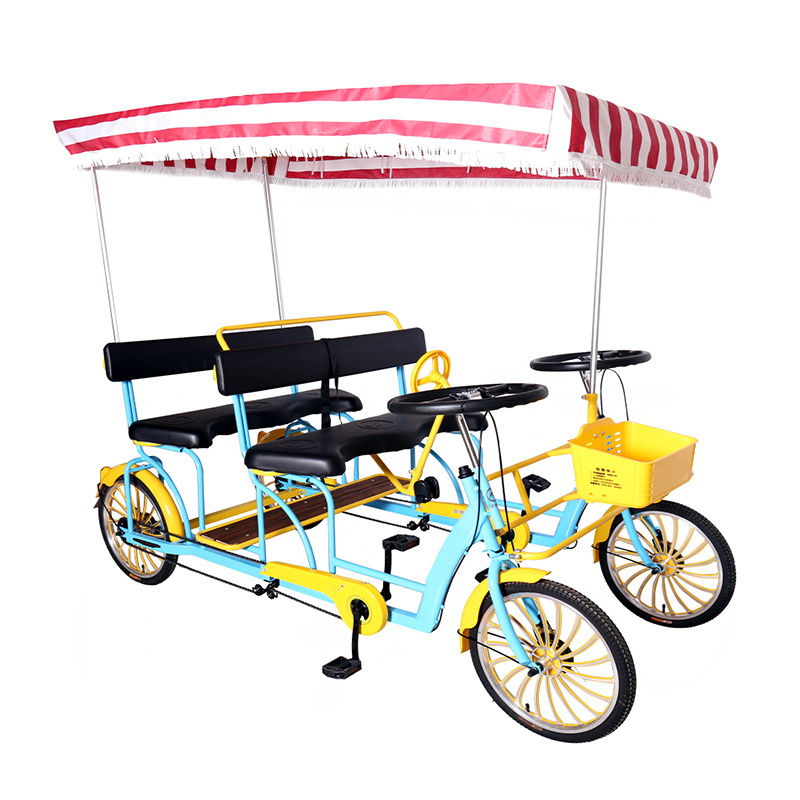 OEM 4 Person Surrey Luxury Pedal Tandem Bike 4 Wheels Seat Tourist Sightseeing Bicycle for Adults