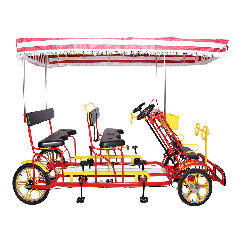 OEM 4 Person Surrey Luxury Pedal Tandem Bike 4 Wheels Seat Tourist Sightseeing Bicycle for Adults