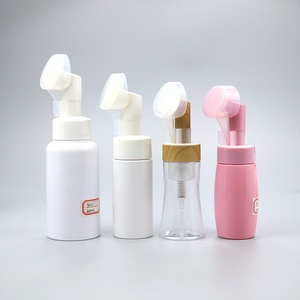 Custom Plastic Facial Foam Soap Pump Cleansing Bottle With Silicone Brush Pink Skincare