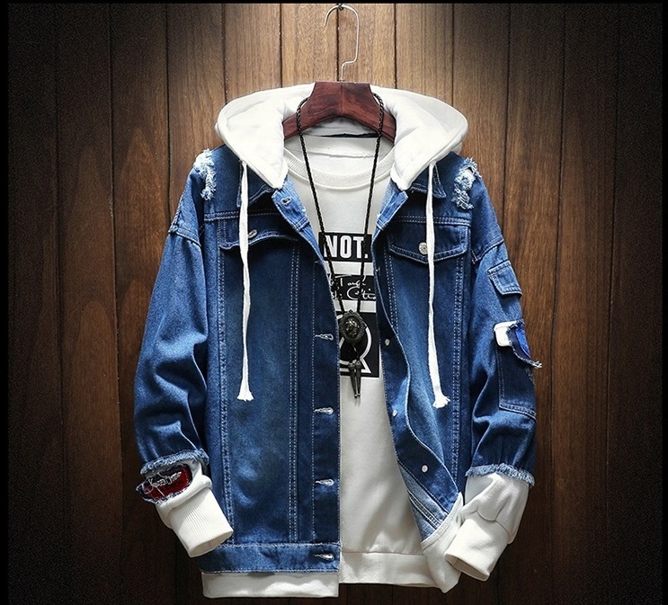 Spring Autumn Hooded Denim Jacket Men's Hip Hop Jeans Coat Retro Jean Jacket Patchwork Bomber Jacket Outerwear with Hood