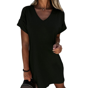 European and American new women's short-sleeved V-neck T-shirt dress