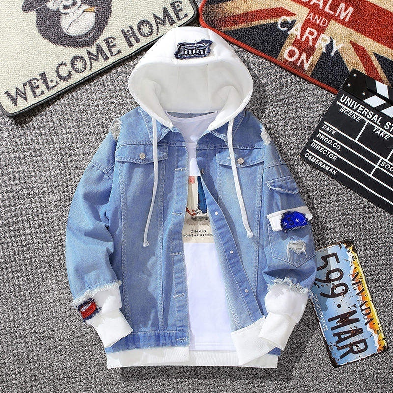 Spring Autumn Hooded Denim Jacket Men's Hip Hop Jeans Coat Retro Jean Jacket Patchwork Bomber Jacket Outerwear with Hood