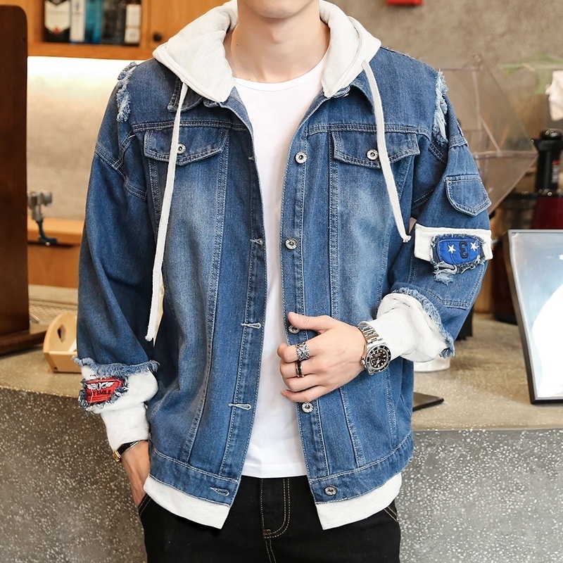 Spring Autumn Hooded Denim Jacket Men's Hip Hop Jeans Coat Retro Jean Jacket Patchwork Bomber Jacket Outerwear with Hood