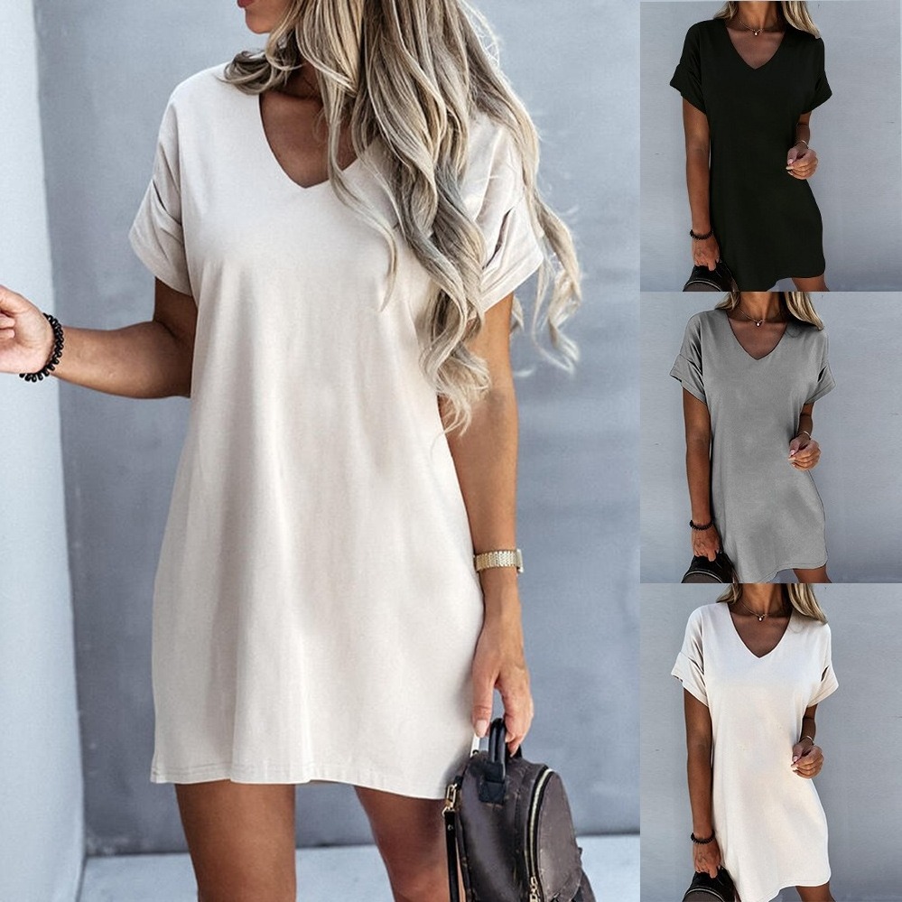 European and American new women's short-sleeved V-neck T-shirt dress