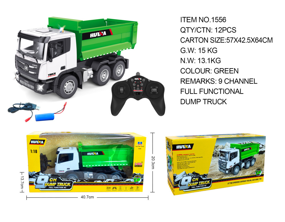 Huina 1556 1:18 9-Channel remote control semi-alloy dump truck children's toy car