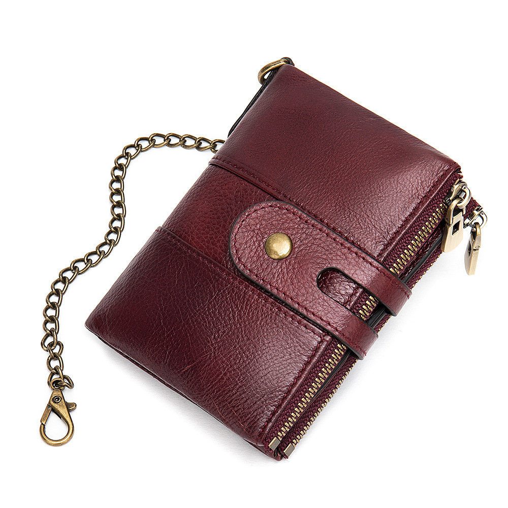 RFID Genuine Cowhide Leather Luxury Purse Men Good Quality Small Mini Leather Wallets Vintage Gents Mens Slim Wallet With Chains