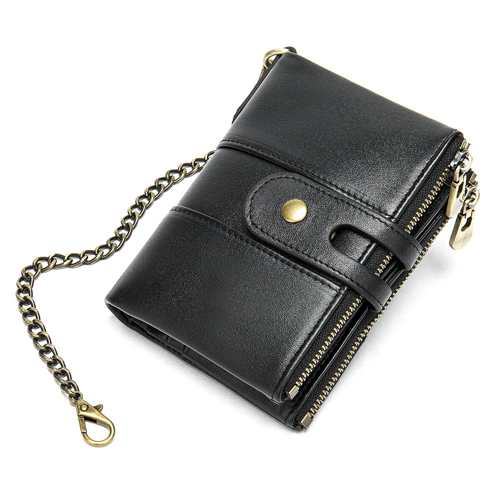 RFID Genuine Cowhide Leather Luxury Purse Men Good Quality Small Mini Leather Wallets Vintage Gents Mens Slim Wallet With Chains