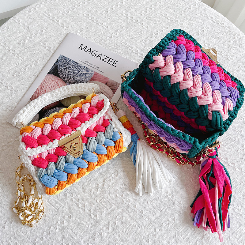 2023 Multi Color Designer Handbags Beach Yarn Purse Woven Shoulder Bags Colorful Rainbow Luxury Crochet Bag Handmade