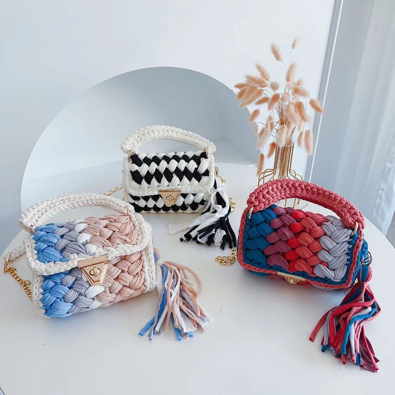 2023 Multi Color Designer Handbags Beach Yarn Purse Woven Shoulder Bags Colorful Rainbow Luxury Crochet Bag Handmade