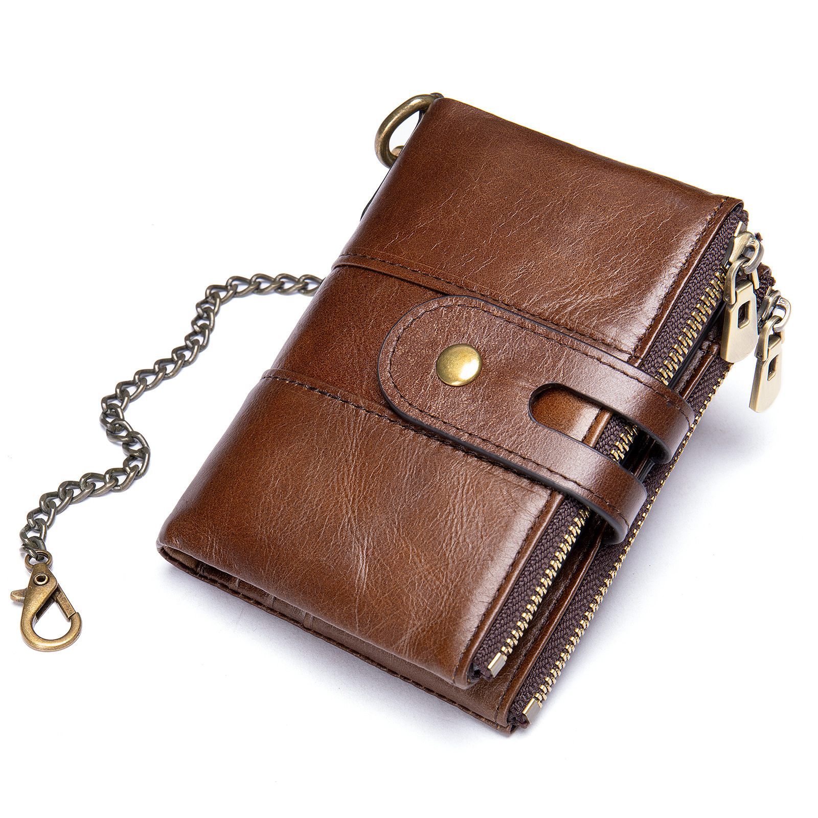 RFID Genuine Cowhide Leather Luxury Purse Men Good Quality Small Mini Leather Wallets Vintage Gents Mens Slim Wallet With Chains