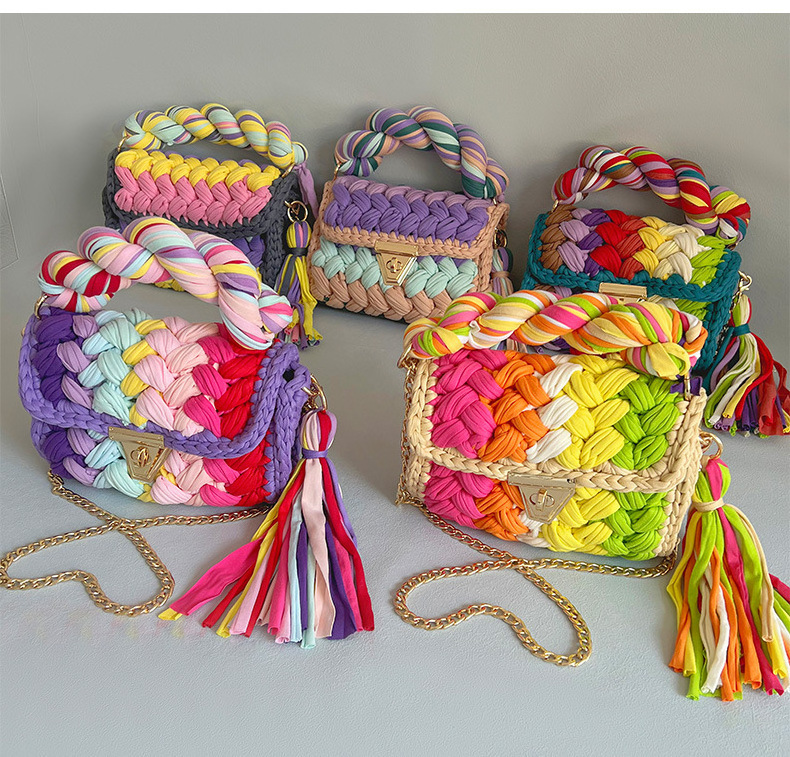 2023 Multi Color Designer Handbags Beach Yarn Purse Woven Shoulder Bags Colorful Rainbow Luxury Crochet Bag Handmade